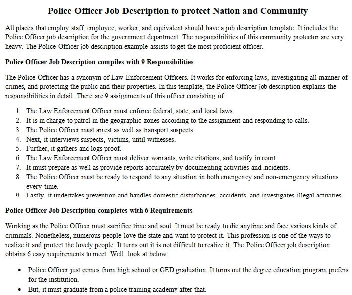 Police Officer Job Description to protect Nation and Community room