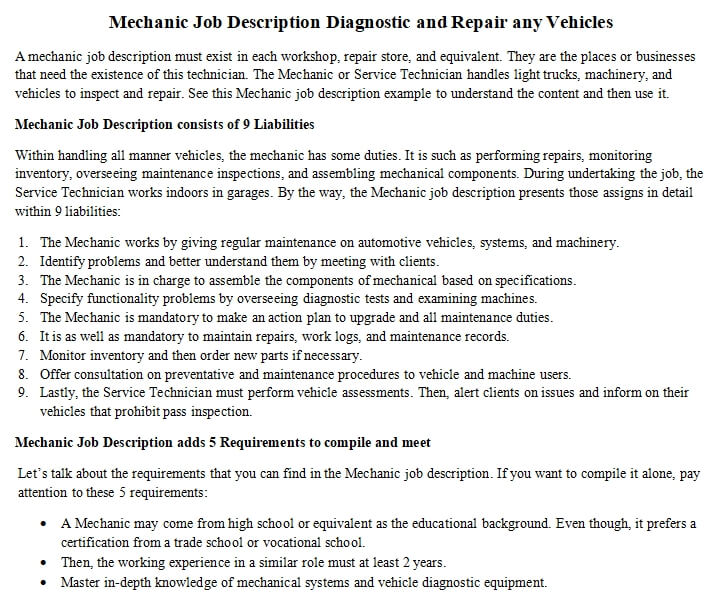 Car Workshop Foreman Job Description