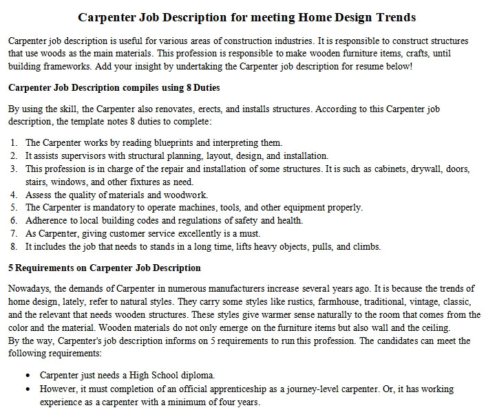 Carpenter Job Description for meeting Home Design Trends room