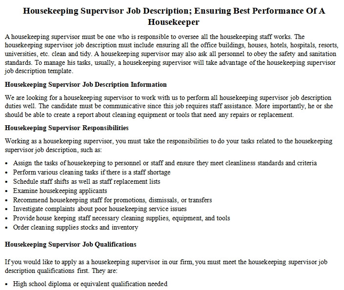 Housekeeping Supervisor Job Description Ensuring Best Performance Of A 