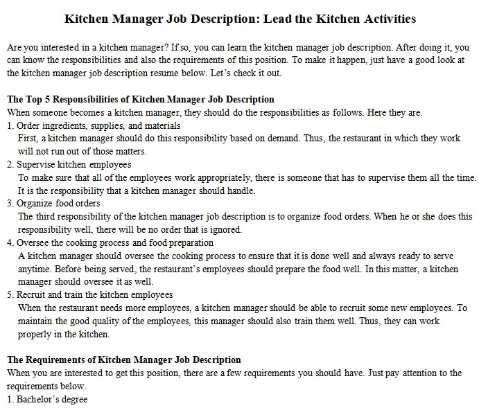 Kitchen Manager Job Description: Lead the Kitchen Activities | room