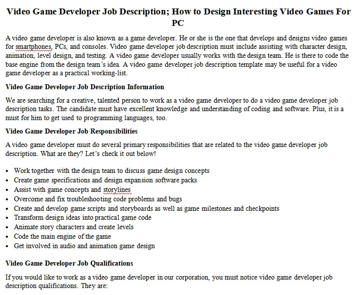 Video game designer jobs descriptions