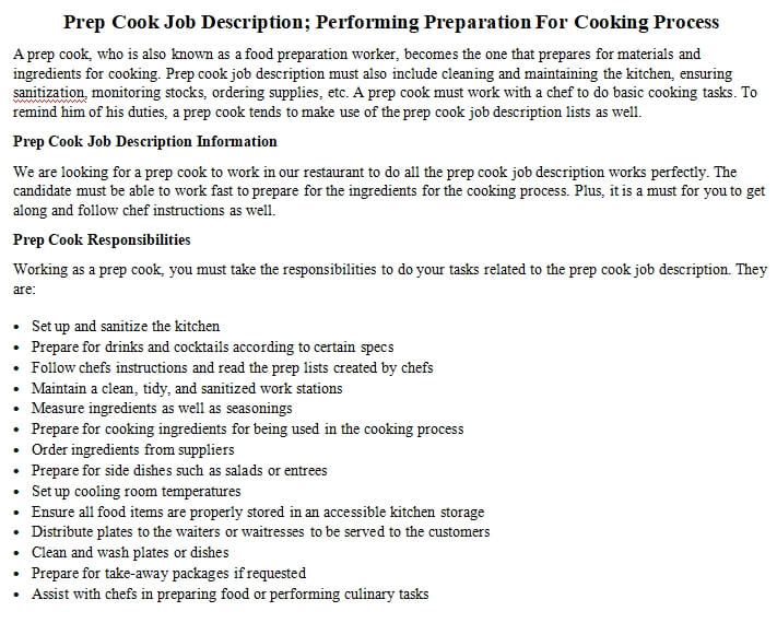 Prep Cook Job Description Performing Preparation For Cooking Process 