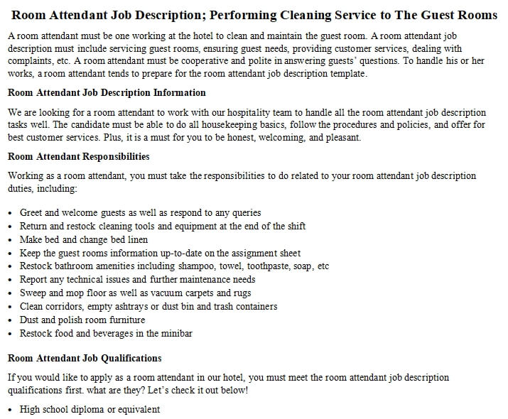 Room Attendant Job Description; Performing Cleaning Service to The