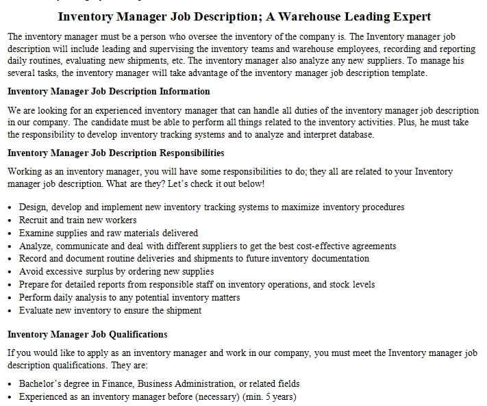 Inventory Manager Job Description A Warehouse Leading Expert Room 