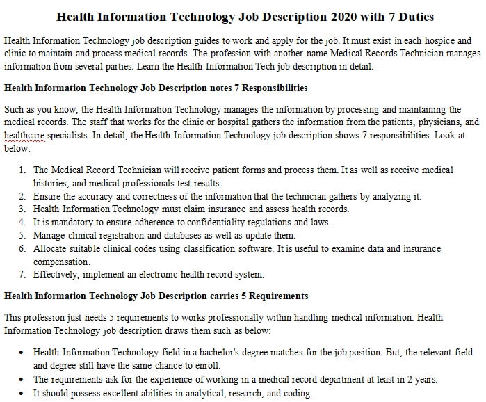 Information technology software healthcare job duties