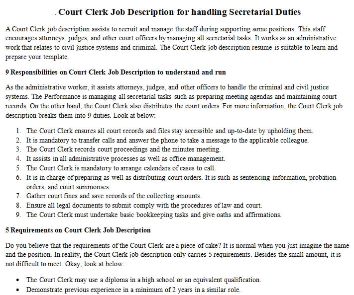 Court Clerk Job Description for handling Secretarial Duties room