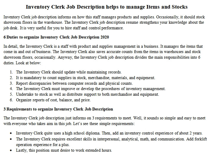 Inventory Clerk Duties And Responsibilities