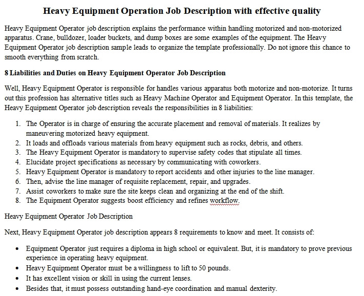 Heavy Equipment Operation Job Description with effective quality room