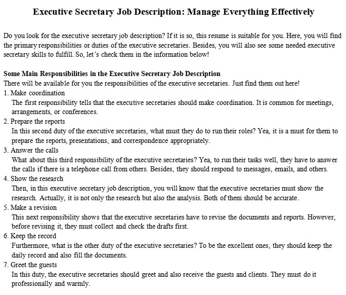 Ceo Executive Secretary Job Description