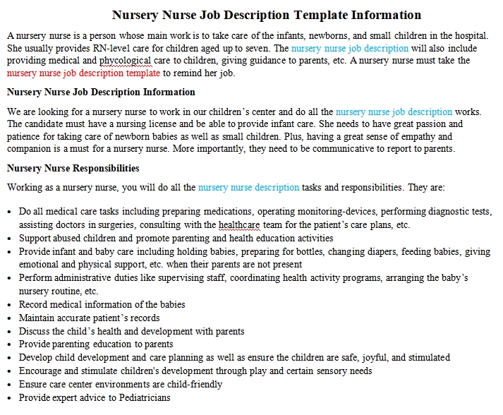  Nursery Nurse Job Description Template Information Room Surf