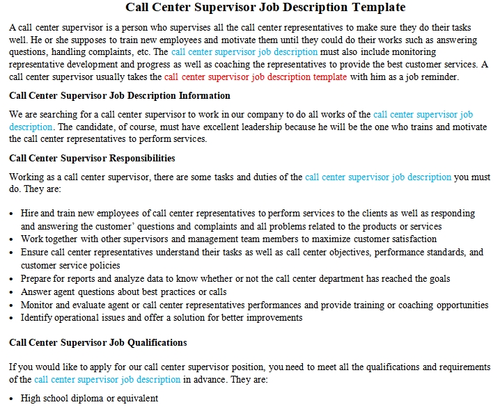  Call Center Supervisor Job Description Template Room Surf