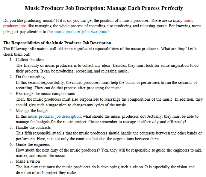 Job desription for a music producer