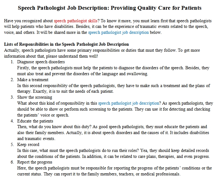 Speech Pathologist Job Description Providing Quality Care for Patients