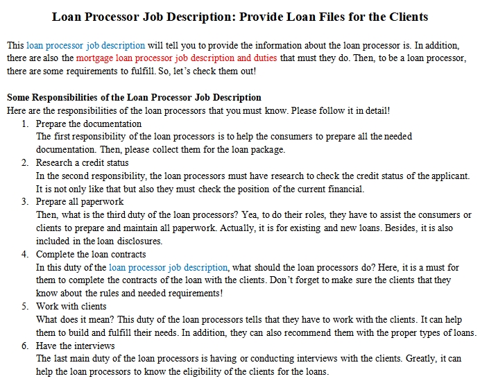 Loan Processor Job Description Provide Loan Files For The Clients 