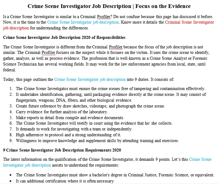 Forensic science crime scene investigator job description