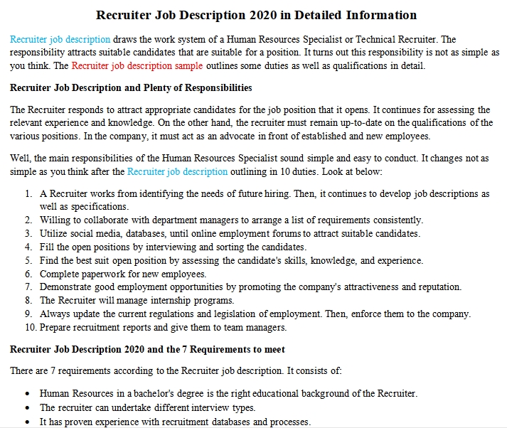 Recruiter Job Description 2020 In Detailed Information Room