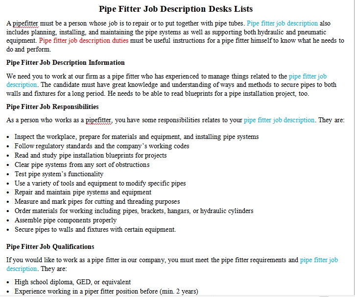 Pipe Fitter Job Description Desks Lists Room Surf