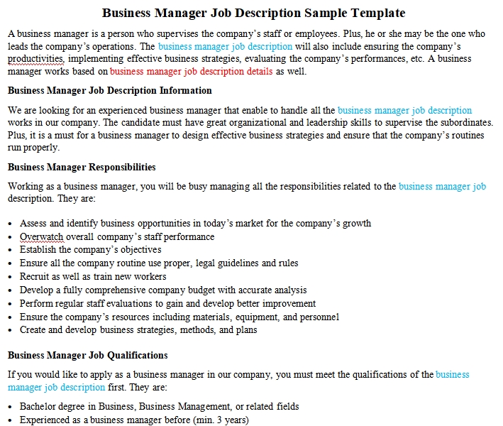 Business Manager Job Description Sample Template | room surf.com