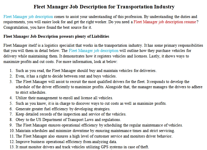 Fleet Manager Job Description For Transportation Industry Room Surf