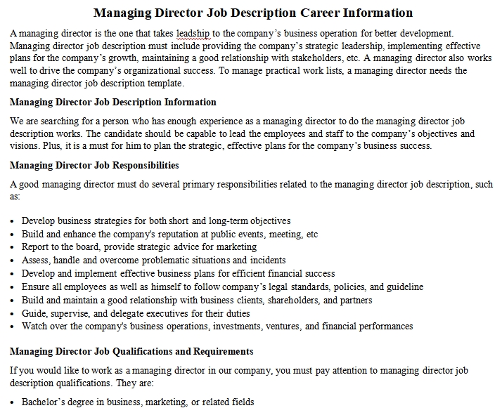 Managing Director Job Description Career Information Room Surf