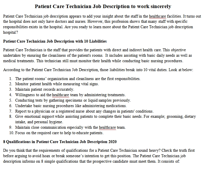 Patient Care Technician Job Description