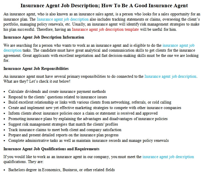 Insurance Agent Job Description; How To Be A Good Insurance Agent