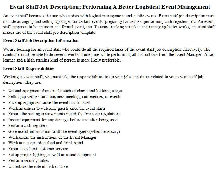 Event Staff Job Description; Performing A Better Logistical Event