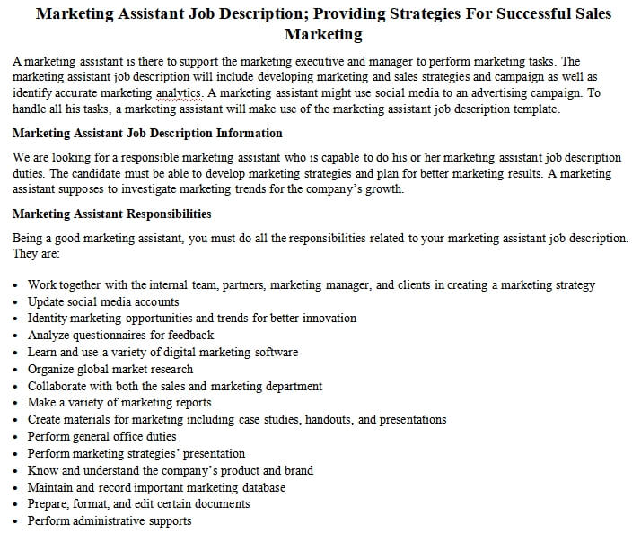 Marketing Assistant Job Description Providing Strategies For 
