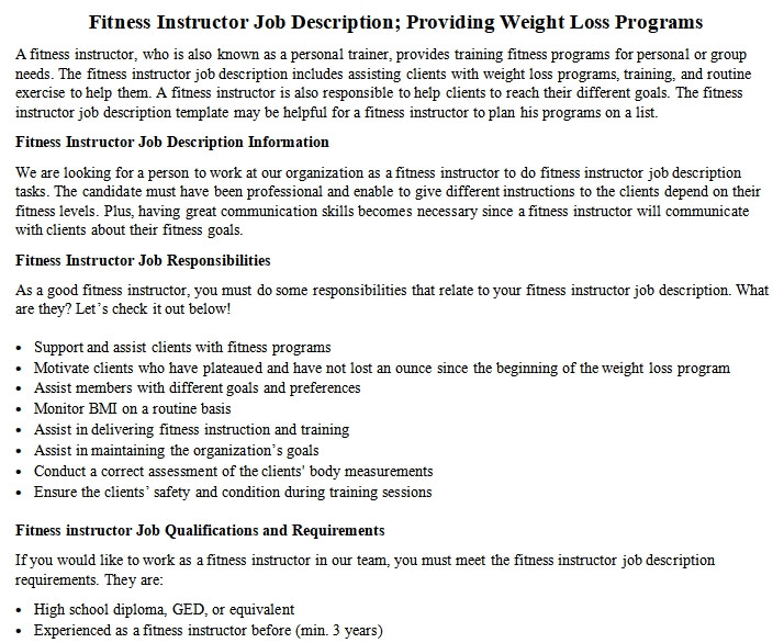 Fitness Instructor Job Description; Providing Weight Loss Programs