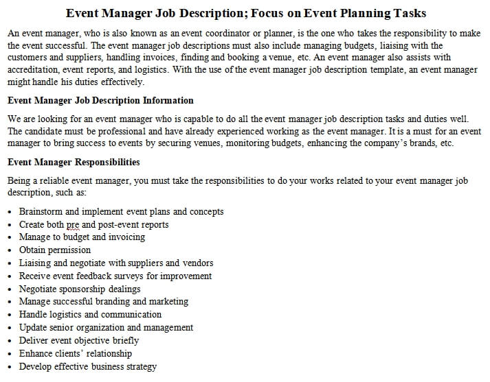 Duties And Responsibilities Of Event Manager