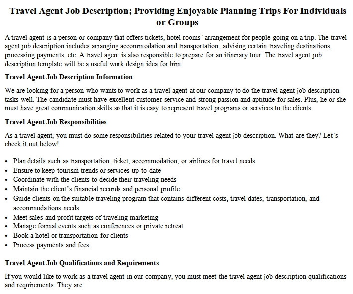 Travel Agent Job Description; Providing Enjoyable Planning Trips For