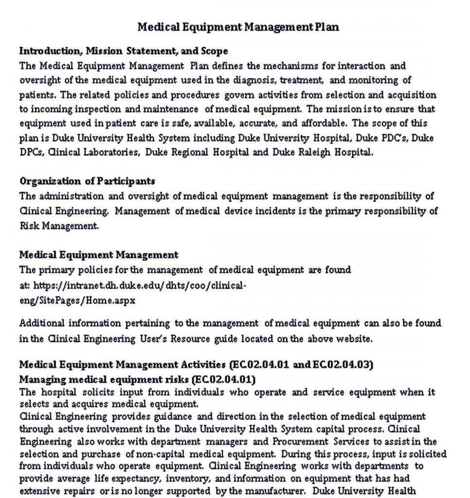 Medical Equipment Management Plan Example