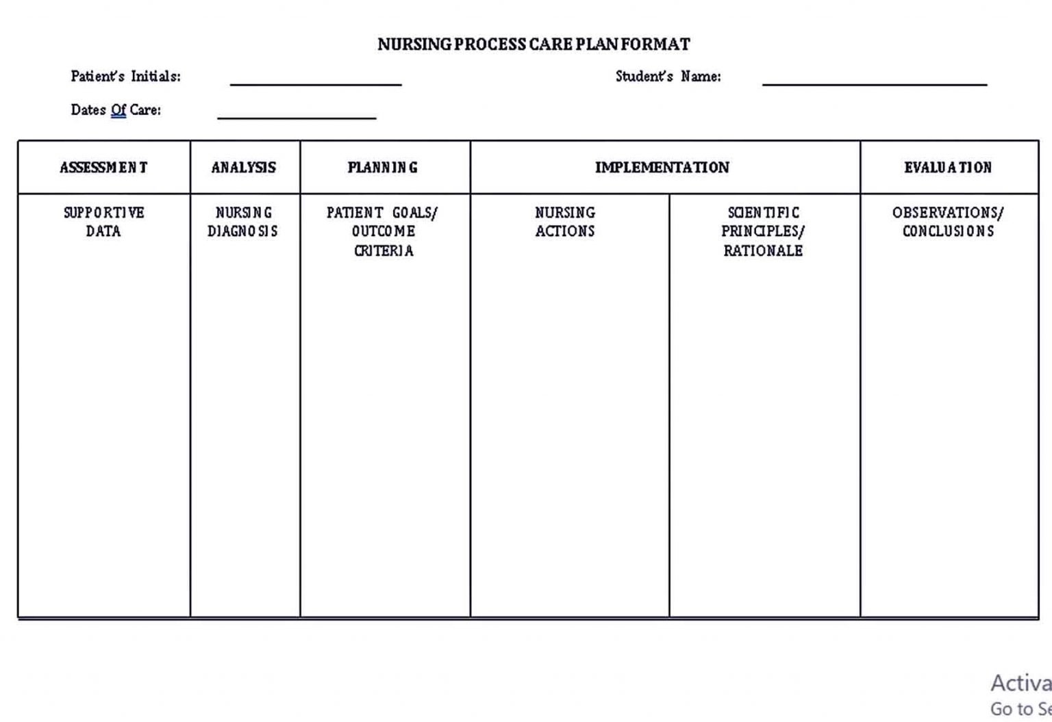 Blank Nursing Care Plan Template