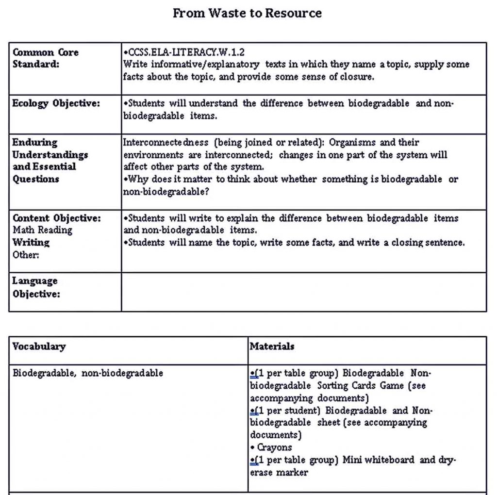 Lesson Plan For 1st Grade Templates Room Surf