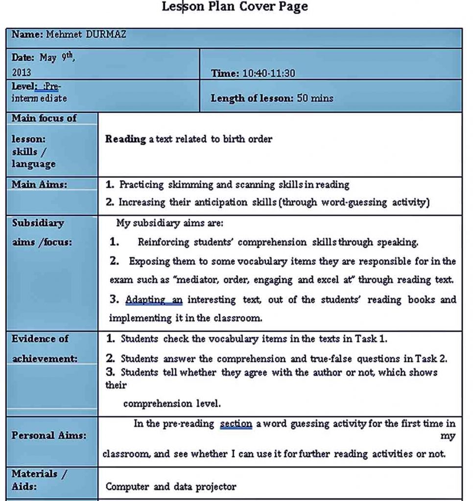 Lesson Plan Sample Template Room Surf