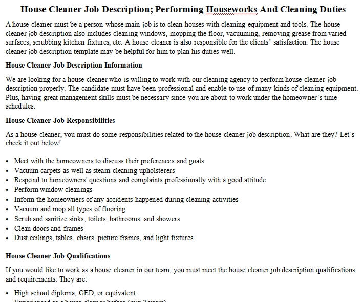 House Cleaner Job Description; Performing Houseworks And Cleaning