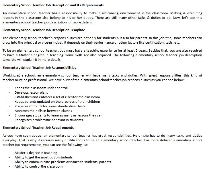 Elementary School Teacher Job Description And Its Requirements Room 