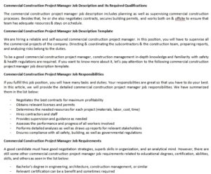Commercial Construction Project Manager Job Description and Its