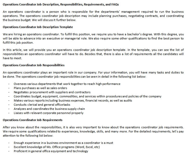 Operations Coordinator Job Description Responsibilities Requirements 