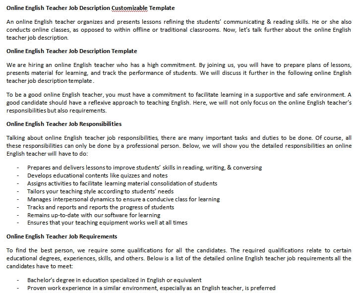 Online English Teacher Job Description Customizable Template Room 