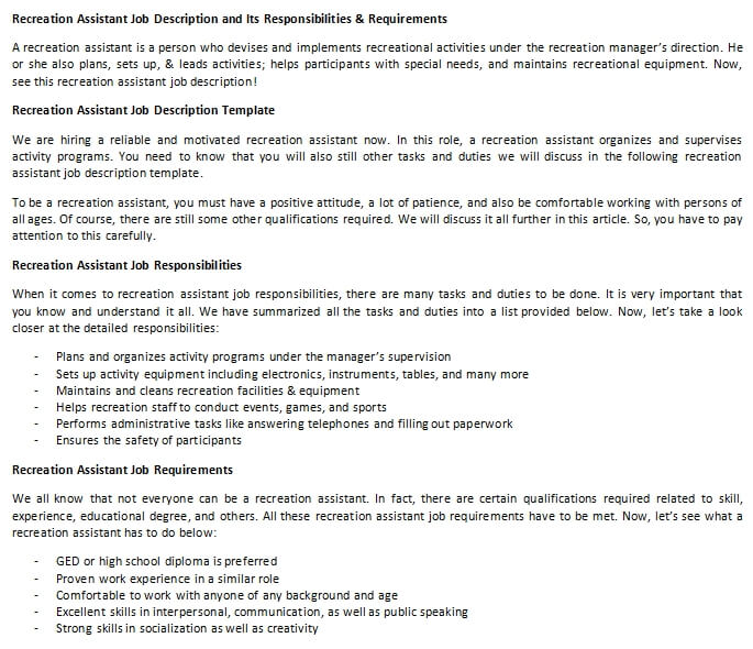 Recreation Assistant Job Description And Its Responsibilities 