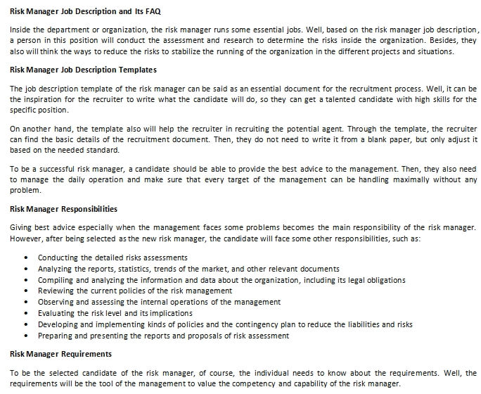 Risk Manager Job Description and Its FAQ room