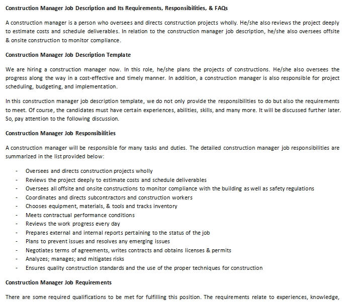 Construction Manager Job Description and Its Requirements