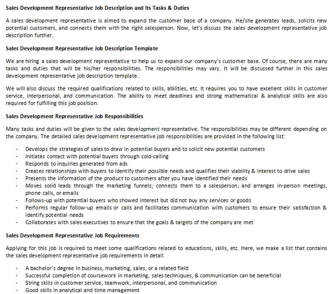  Sales Development Representative Job Description And Its Tasks Duties 