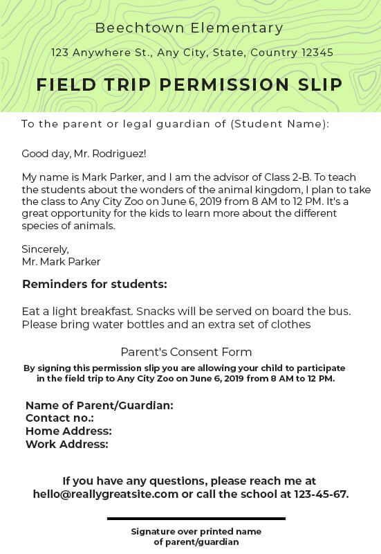 Free field trip form template