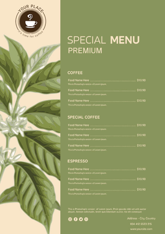 coffee shop menu Free Download PSD