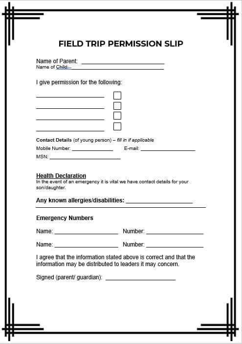 10 Field Trip Permission Slip Template Room Surf