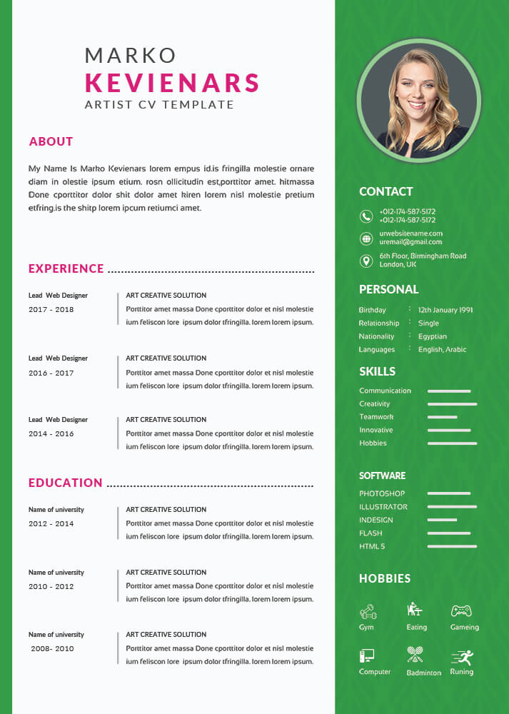 10+ Artist CV free template in PSD room