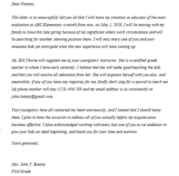 12. Teacher Resignation Letter to Parents 1